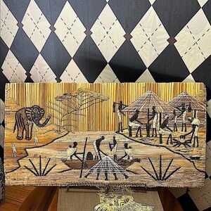 African Straw Art Wall Panel Handwoven Village Scene Vintage Décor